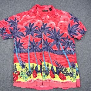 Wingo Mens Large Red Tropical Palm Tree Pineapple Rayon Button Up Hawaiian Shirt